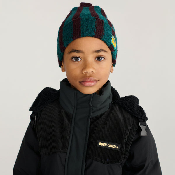 Booo Bo Choses Tag Knitted Striped Beanie (Dark Green)