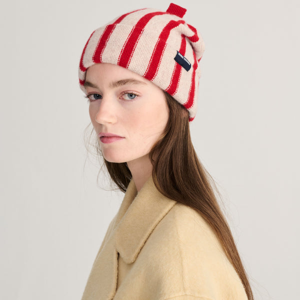 Adults Merino Wool Striped Knitted Beanie (Red)