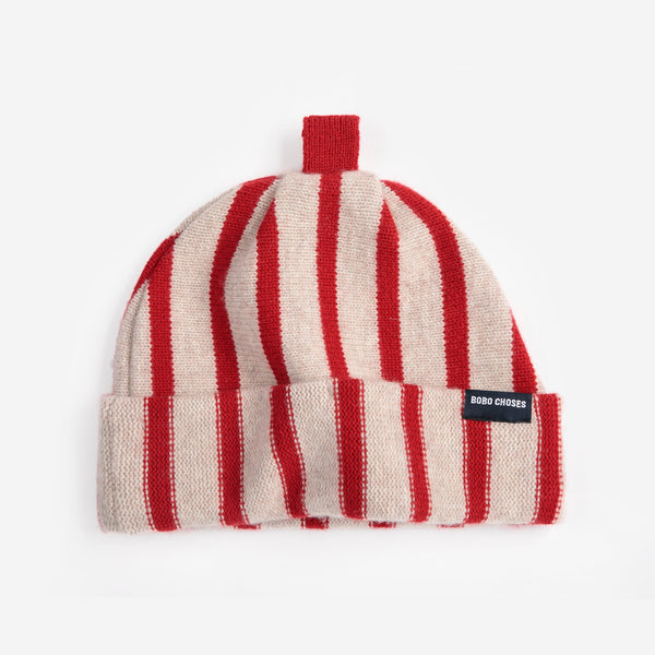 Adults Merino Wool Striped Knitted Beanie (Red)
