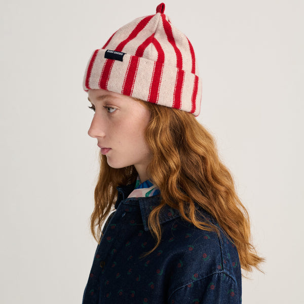 Adults Merino Wool Striped Knitted Beanie (Red)