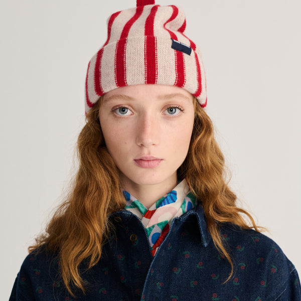 Adults Merino Wool Striped Knitted Beanie (Red)