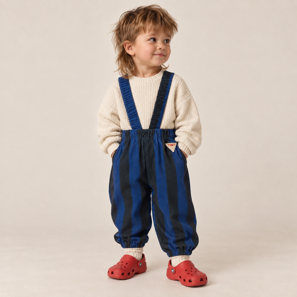 Blue Stripes Cotton Baby Corduroy Pants with Braces (Petrol Blue)