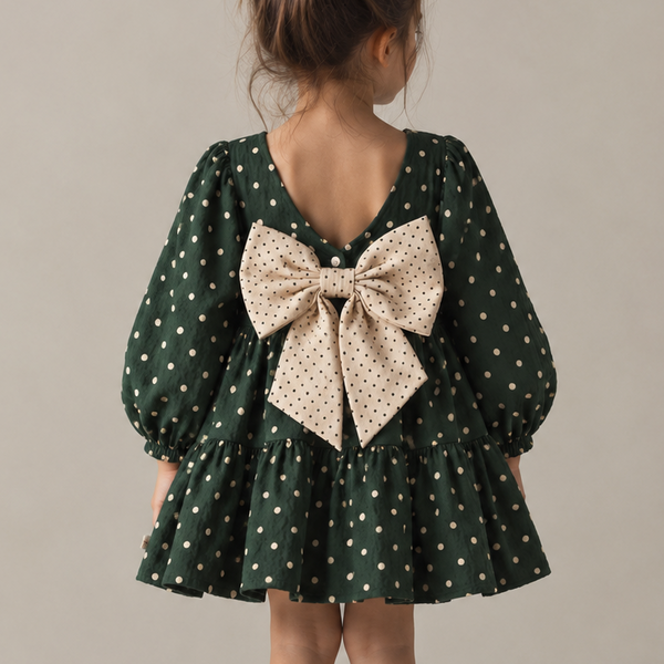 Elin Polka Dot Bow Back Cotton Seersucker Long Sleeved Dress (Dot Marseille)