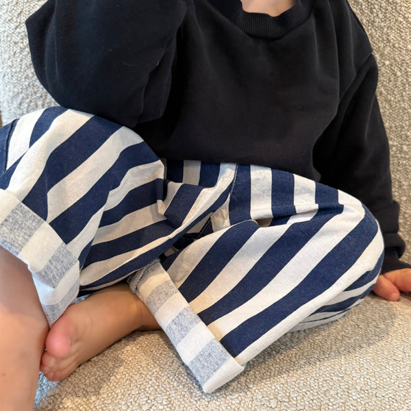 Soren Striped Wide Leg Cropped Cotton Trousers (Night Blue)