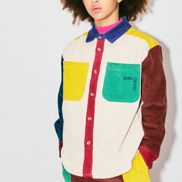 Bobo Square Embroidery Colour block Corduroy Shirt