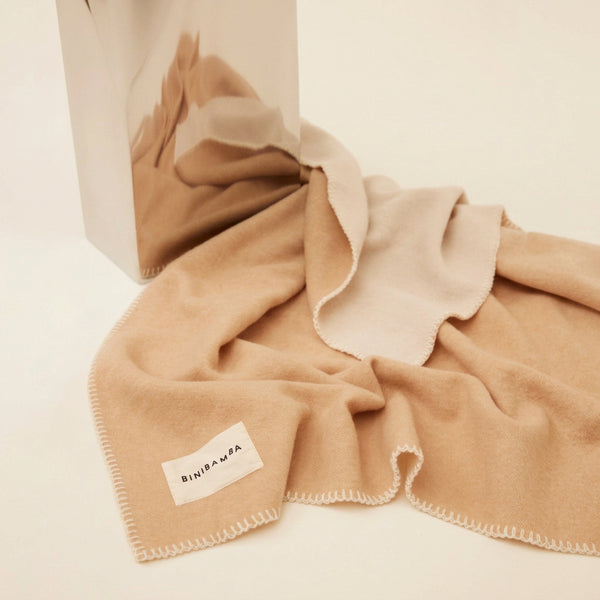 Two Tone Merino Wool Bini Blanket (Camel/Ecru)