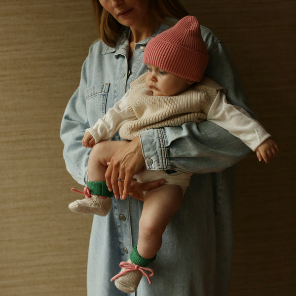 Merino Wool Baby Booties (Cream/Grass)