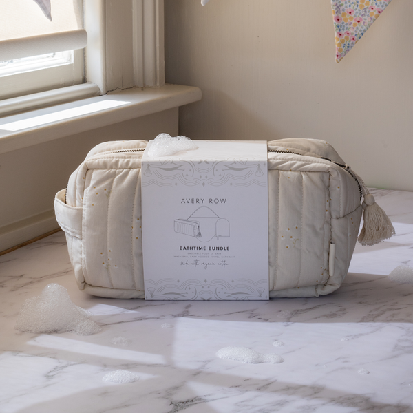 Bath time 3 Piece Towel, Washcloth + Washbag Baby Gift Set (Chamomile)