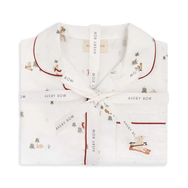 Red Trim Ski Scene Organic Cotton Flannel Button Up Pyjamas
