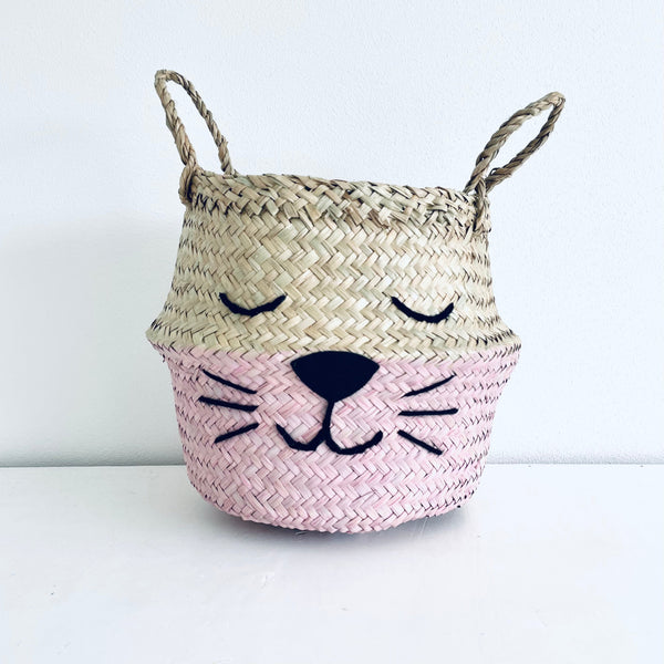 Pink Cat Handwoven Storage Basket (Small)