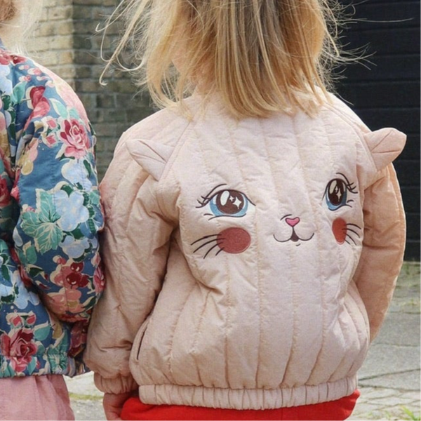 Juno Kitty Print Quilted Bomber Jacket (Cameo Rose)