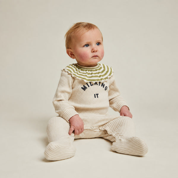 Milking It Rib Romper Footed Onesie (Oatmeal)