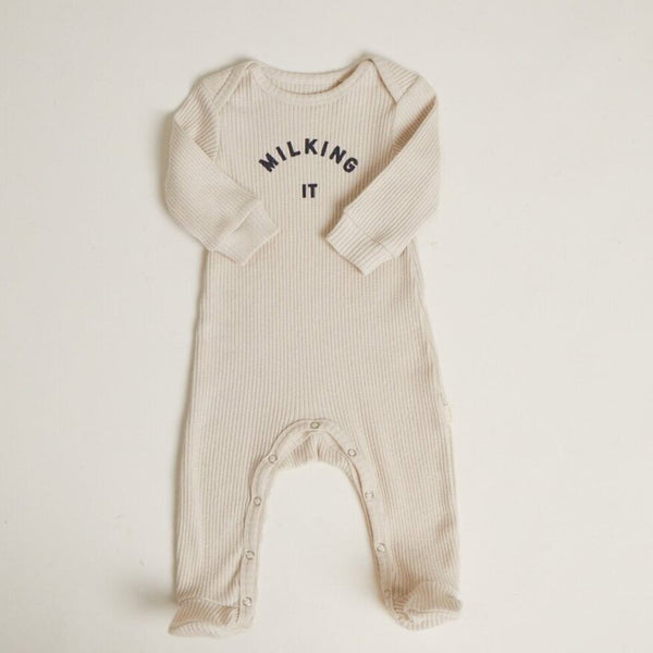 Milking It Rib Romper Footed Onesie (Oatmeal)