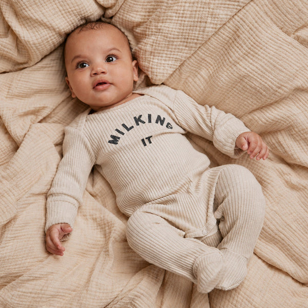 Milking It Rib Romper Footed Onesie (Oatmeal)