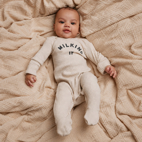 Milking It Rib Romper Footed Onesie (Oatmeal)