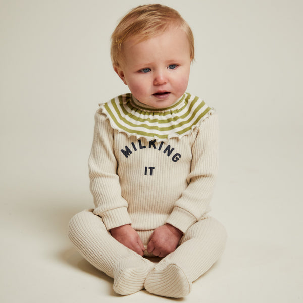 Milking It Rib Romper Footed Onesie (Oatmeal)