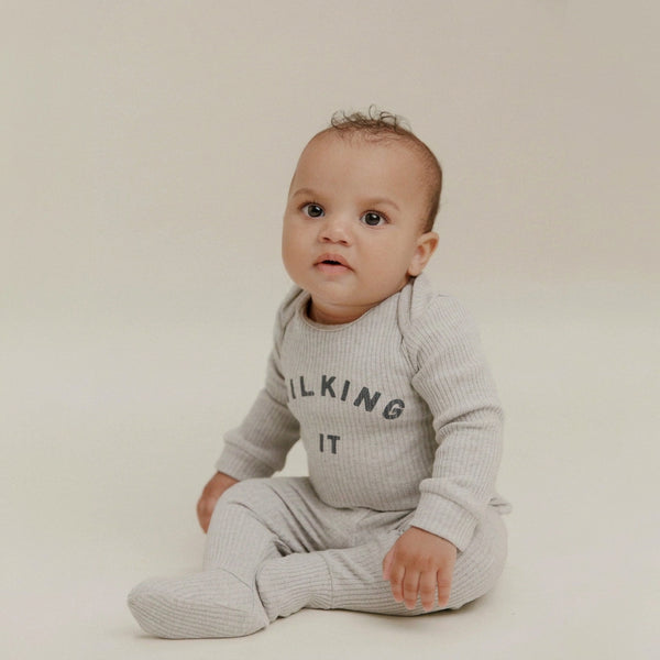 Milking It Grey Marl Cotton Rib Long Sleeved Baby Bodysuit
