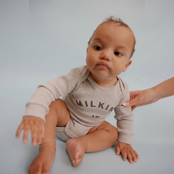 Milking It Grey Marl Cotton Rib Long Sleeved Baby Bodysuit