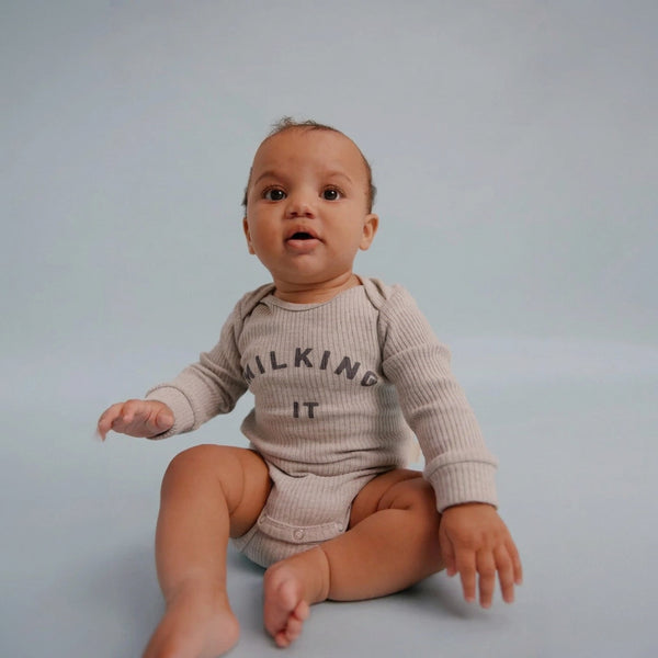 Milking It Grey Marl Cotton Rib Long Sleeved Baby Bodysuit