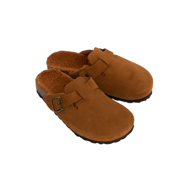 MAMA Leather Buckled Fleece Clog Mules (Brown)