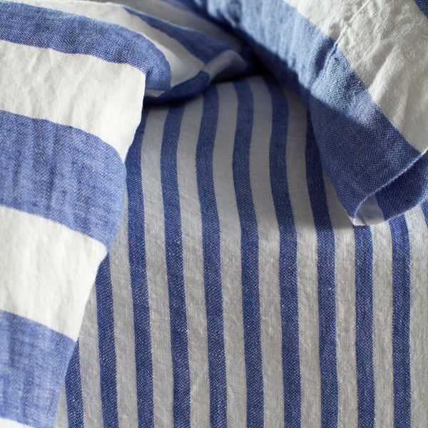 Cora Pinstripe Pure Linen Fitted Sheet (Cobalt)