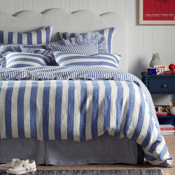 Cora Wide Stripe Linen Frill Edge Cushion Cover (Cobalt)