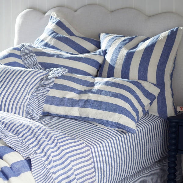 Cora Pinstripe Frilled Linen Cushion Cover (Cobalt)