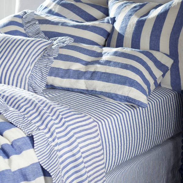 Cora Pinstripe Pure Linen Fitted Sheet (Cobalt)