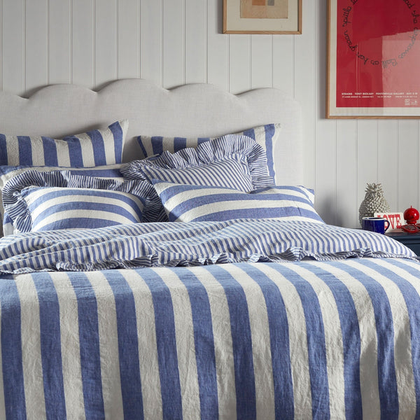Cora Wide Stripe Linen Frill Edge Cushion Cover (Cobalt)