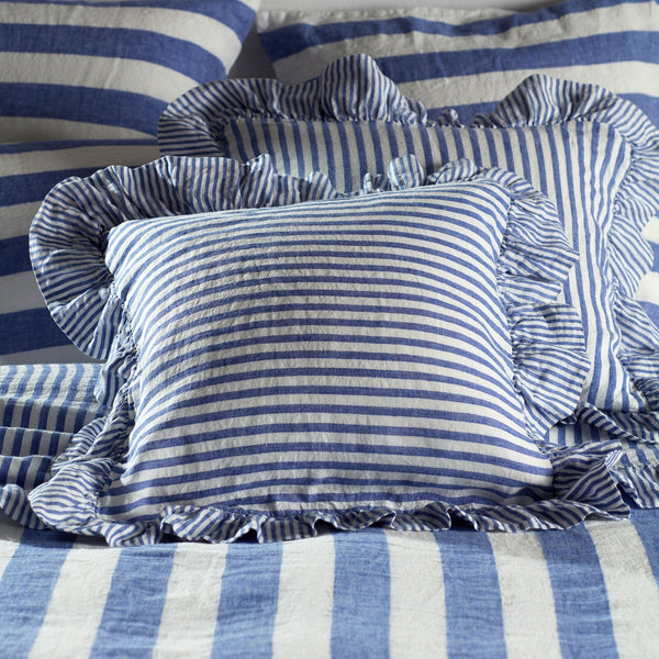 Cora Pinstripe Frilled Linen Cushion Cover (Cobalt)