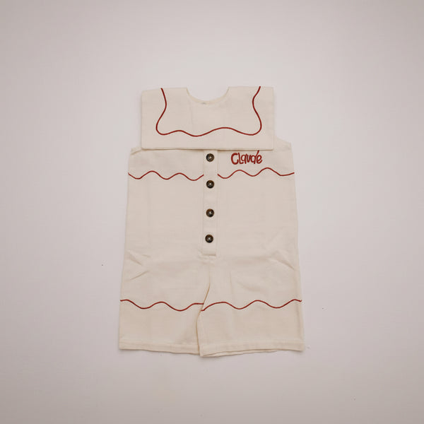 Cali Embroidered Sleeveless Vanilla Ripple Collared Overall