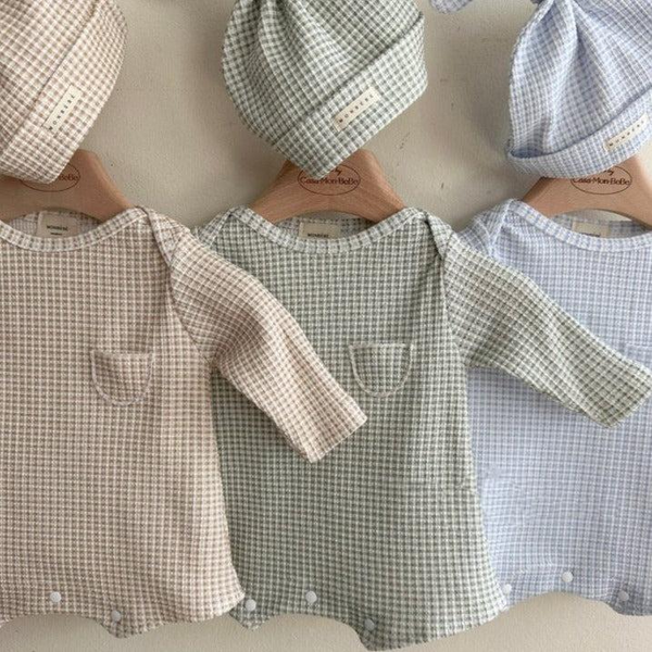 Bel Waffle Cotton Baby Romper and Knotted Hat (Sky)
