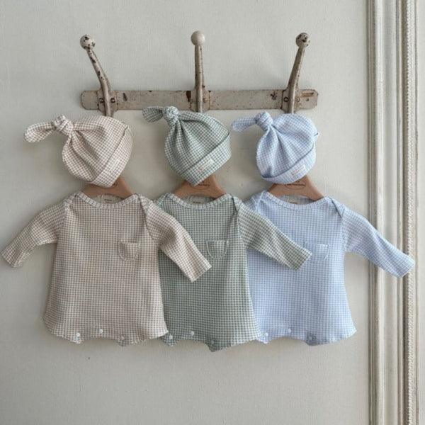 Bel Waffle Cotton Baby Romper and Knotted Hat (Sage)