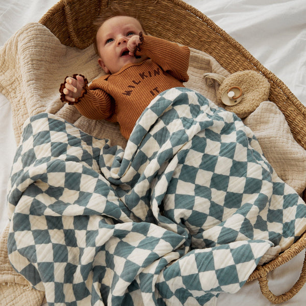 Teal Checkerboard Triple Layer Muslin Baby Blanket