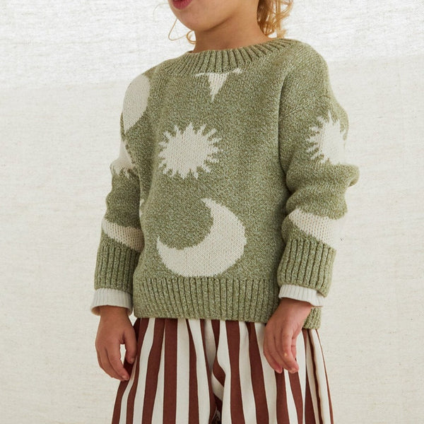 Moon Print Oversized Knitted Sweater (Nordic Green)