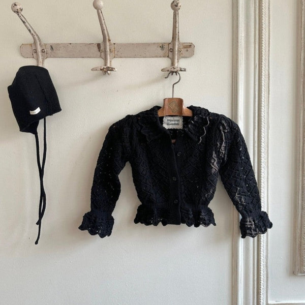 Flora Crochet Knit Collared Cardigan (Black)