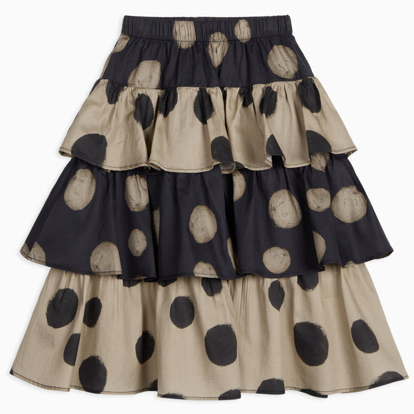 Deolinda Polka Dot Cotton Ruffle Maxi Skirt (Black)