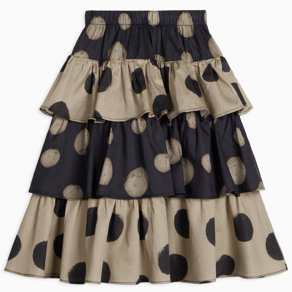 Deolinda Polka Dot Cotton Ruffle Maxi Skirt (Black)