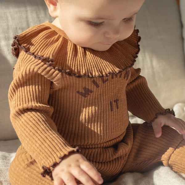 Milking It Cotton Rib Long Sleeve Baby Bodysuit (Conker)