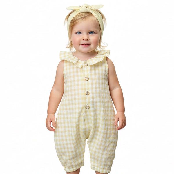 Egina Gingham Seersucker Sleeveless Baby Romper (Pastel Yellow)
