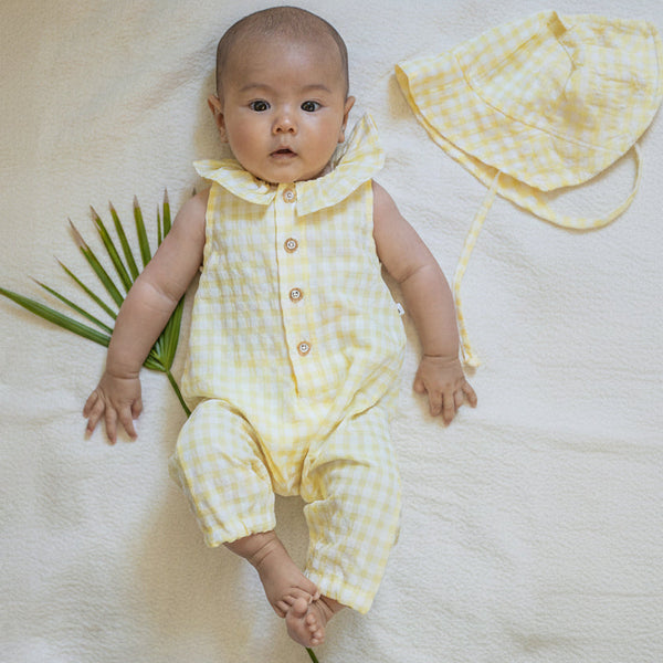 Egina Gingham Seersucker Sleeveless Baby Romper (Pastel Yellow)