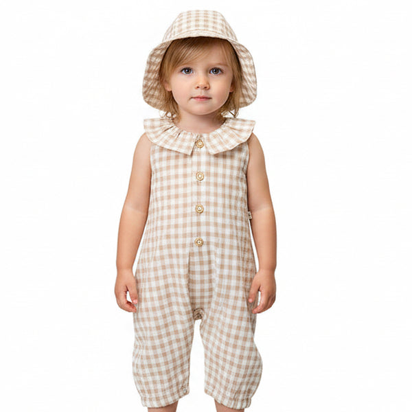 Egina Gingham Seersucker Sleeveless Baby Romper (Taupe)