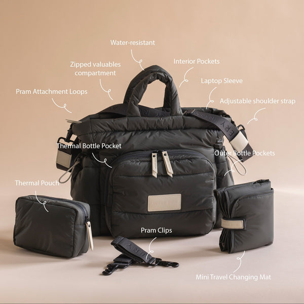 Baby Changing Tote Bag with Stroller Clips, Mat + Pouch (Soft Black)