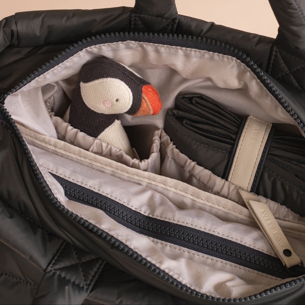 Baby Changing Tote Bag with Stroller Clips, Mat + Pouch (Soft Black)