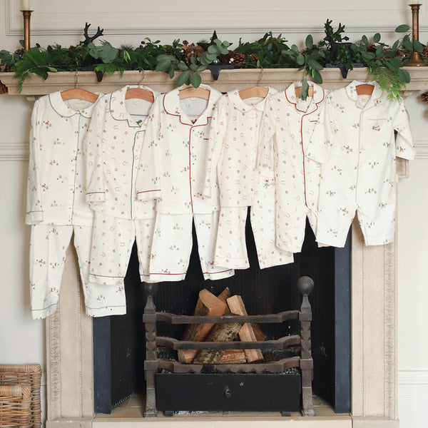 Organic Cotton Flannel Christmas Pyjamas (Winter Ski, Green Trim)