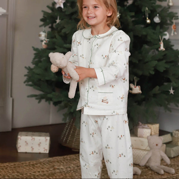 Organic Cotton Flannel Christmas Pyjamas (Winter Ski, Green Trim)