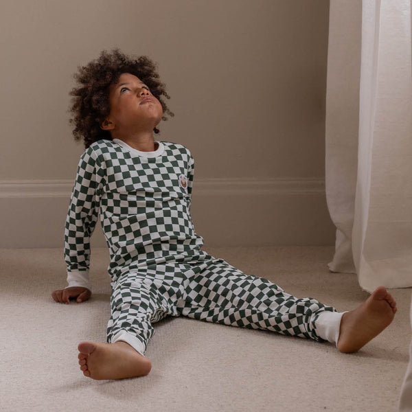 Organic Cotton Jersey Christmas Pyjamas (Green Checkerboard)