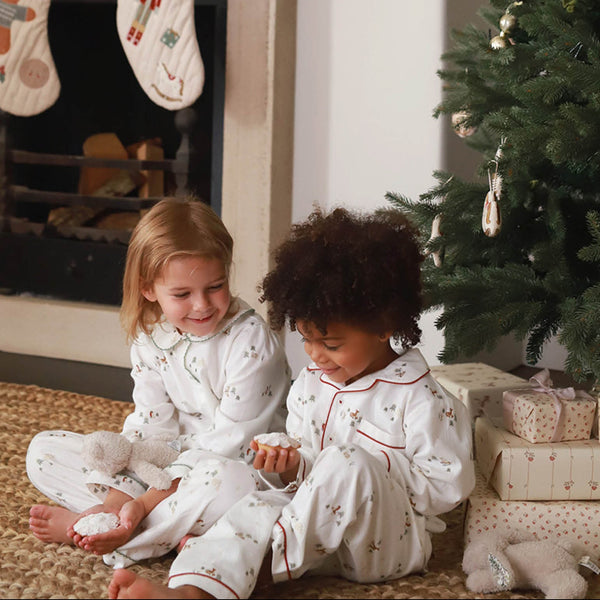 Organic Cotton Flannel Christmas Pyjamas (Winter Ski, Green Trim)