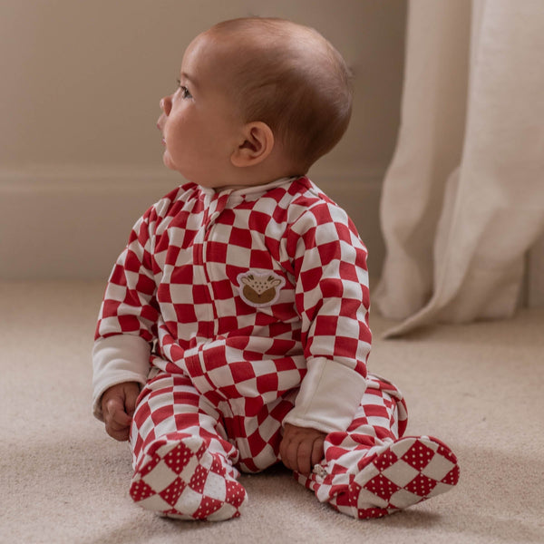 Organic Cotton Jersey Christmas Baby Sleepsuit (Red Checkerboard)