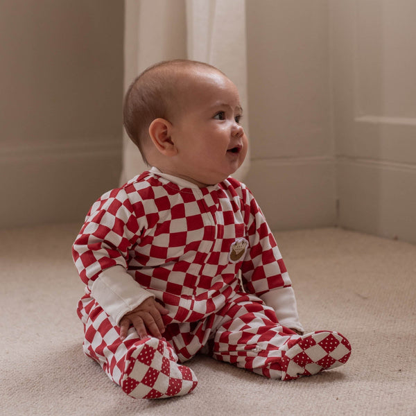 Organic Cotton Jersey Christmas Baby Sleepsuit (Red Checkerboard)